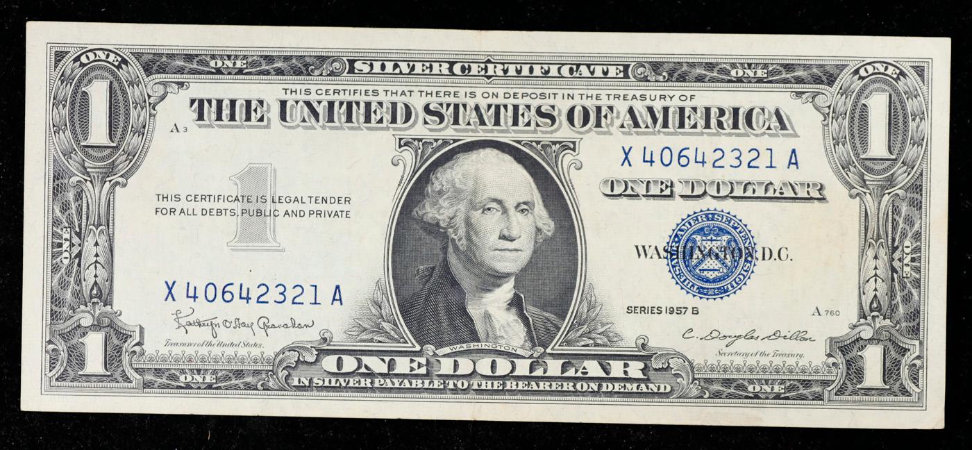 1957B $1 Blue Seal Silver Certificate Grades Choice AU/BU Slider