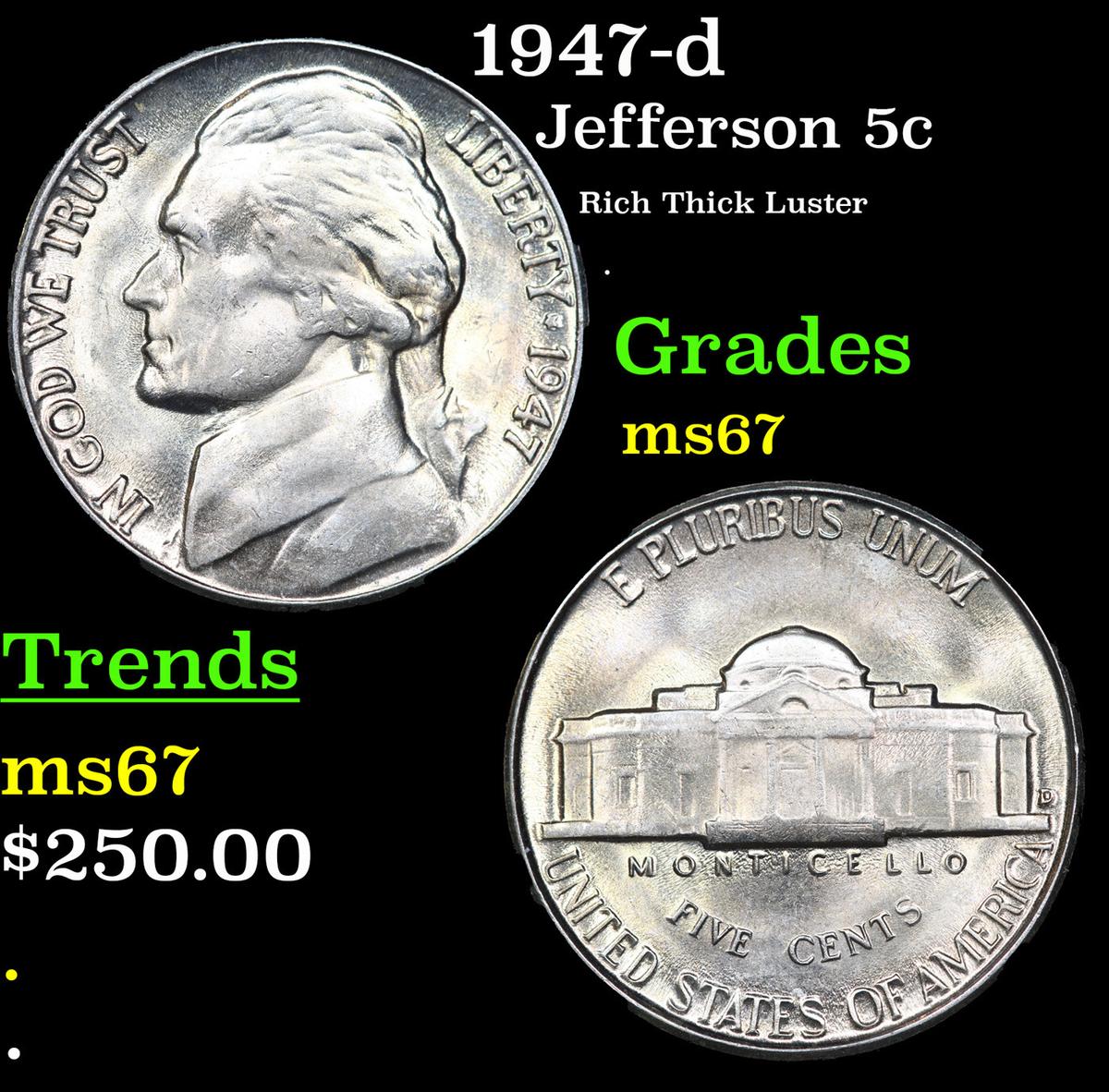 1947-d Jefferson Nickel 5c Grades GEM++ Unc