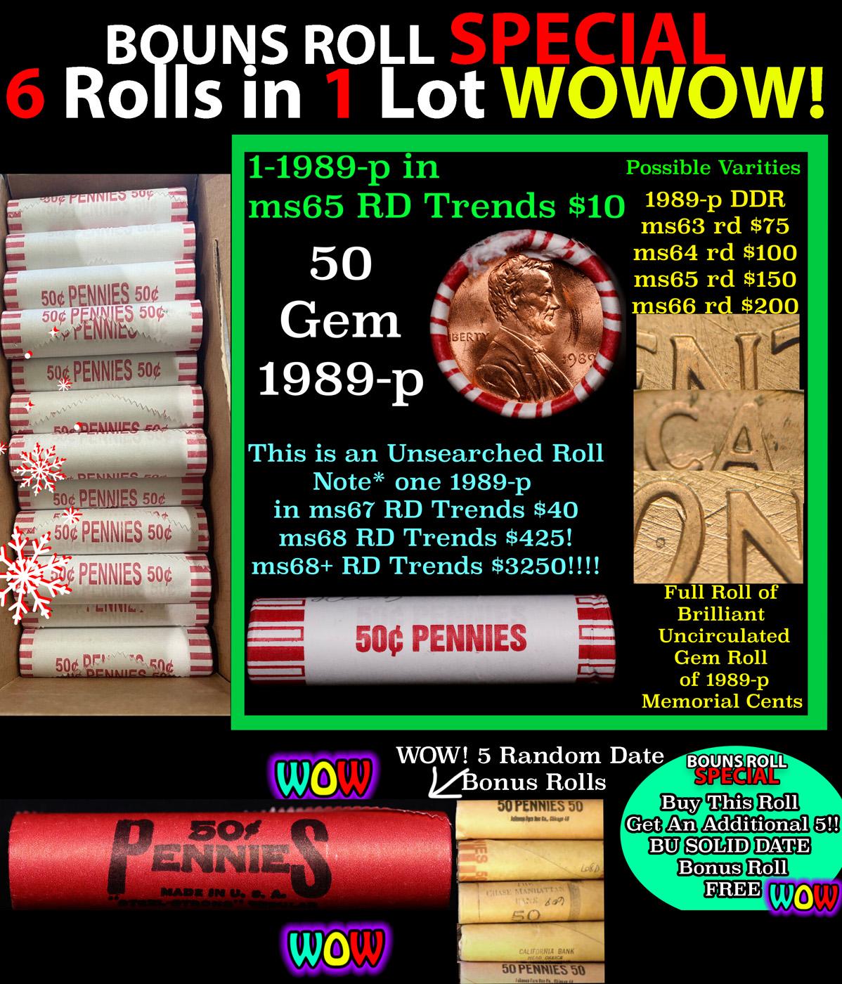 THIS AUCTION ONLY! BU Shotgun Lincoln 1c roll, 1989-p 50 pcs Plus FIVE bonus random date BU roll! Ba