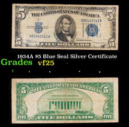 1934A $5 Blue Seal Silver Certificate Grades vf+