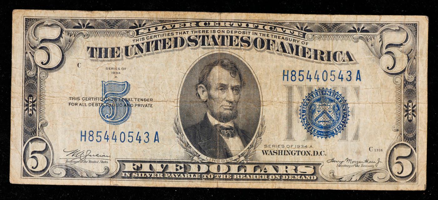 1934A $5 Blue Seal Silver Certificate Grades vf+