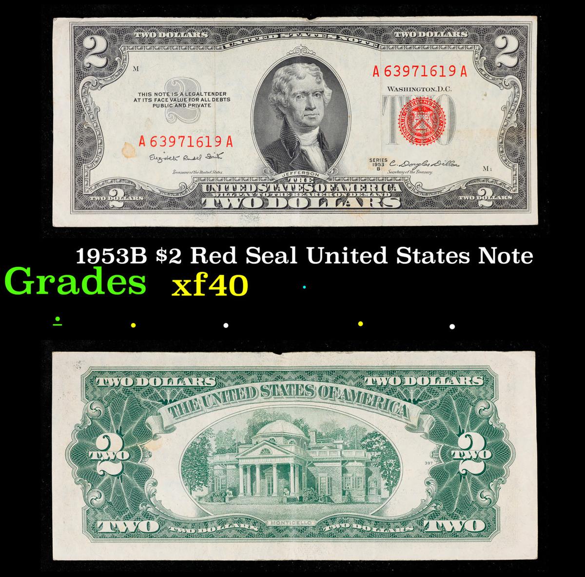 1953B $2 Red Seal United States Note Grades xf