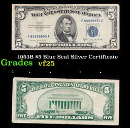 1953B $5 Blue Seal Silver Certificate Grades vf+