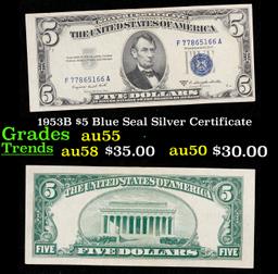 1953B $5 Blue Seal Silver Certificate Grades Choice AU