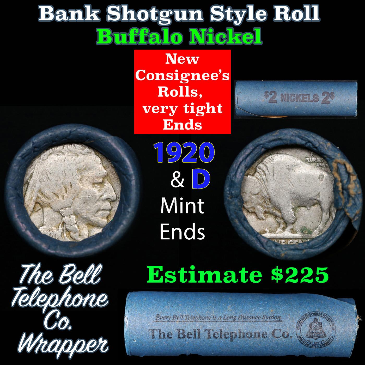 Buffalo Nickel Shotgun Roll in Old Bank Style 'Bell Telephone' Wrapper 1920 & d Mint Ends