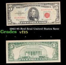 1963 $5 Red Seal United States Note Grades vf+