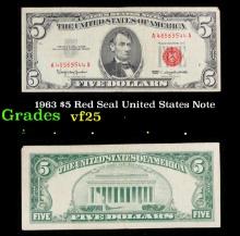 1963 $5 Red Seal United States Note Grades vf+