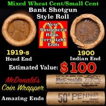 Small Cent Mixed Roll Orig Brandt McDonalds Wrapper, 1919-s Lincoln Wheat end, 1900 Indian other end