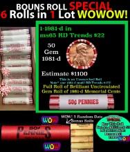 THIS AUCTION ONLY! BU Shotgun Lincoln 1c roll, 1981-d 50 pcs Plus FIVE bonus random date BU roll! Ba