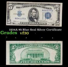 1934A $5 Blue Seal Silver Certificate Grades vf++