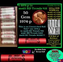 THIS AUCTION ONLY! BU Shotgun Lincoln 1c roll, 1974-p 50 pcs Plus one bonus random date BU roll! Ban