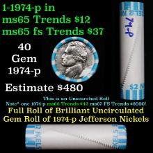 BU Shotgun Jefferson 5c roll, 1974-p 40 pcs Bank $2 Nickel Wrapper