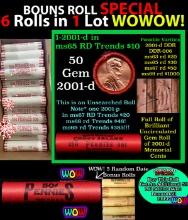 THIS AUCTION ONLY! BU Shotgun Lincoln 1c roll, 2001-d 50 pcs Plus FIVE bonus random date BU roll! Ba