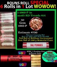 THIS AUCTION ONLY! BU Shotgun Lincoln 1c roll, 1960-p 50 pcs Plus FIVE bonus random date BU roll! Ba