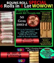 THIS AUCTION ONLY! BU Shotgun Lincoln 1c roll, 1993-d 50 pcs Plus FIVE bonus random date BU roll! Ba