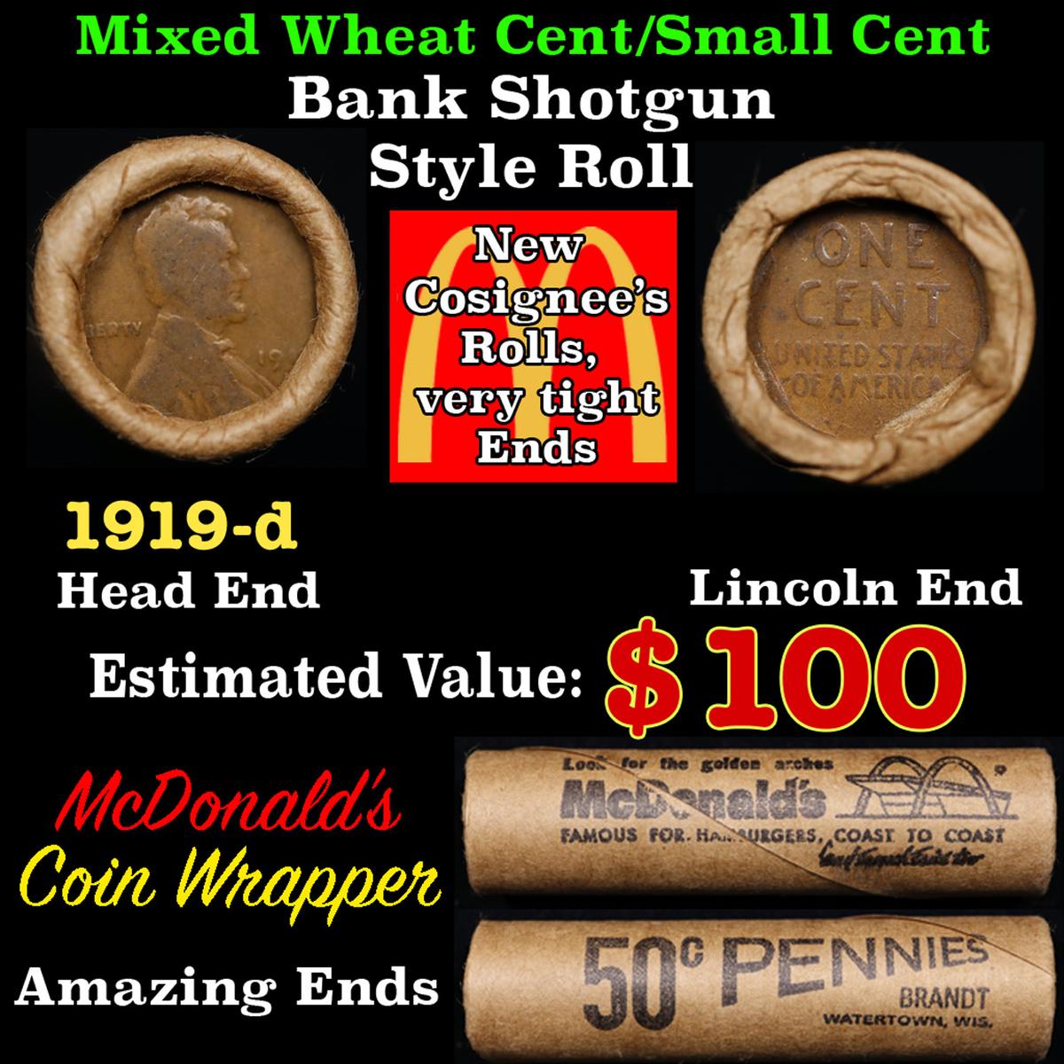 Lincoln Wheat Cent 1c Mixed Roll Orig Brandt McDonalds Wrapper, 1919-d end, Wheat other end