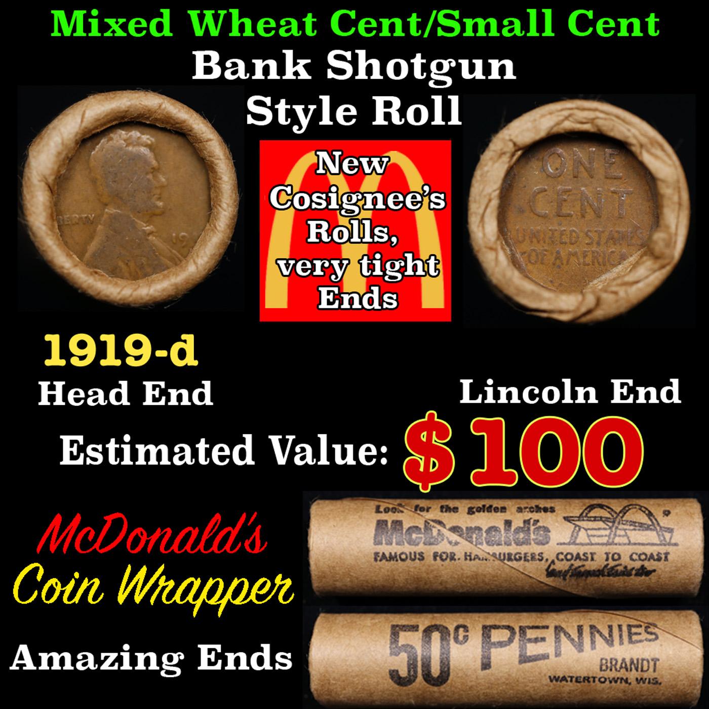 Lincoln Wheat Cent 1c Mixed Roll Orig Brandt McDonalds Wrapper, 1919-d end, Wheat other end