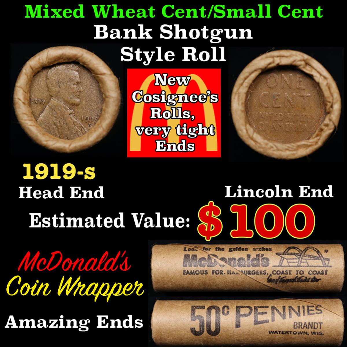 Lincoln Wheat Cent 1c Mixed Roll Orig Brandt McDonalds Wrapper, 1919-s end, Wheat other end