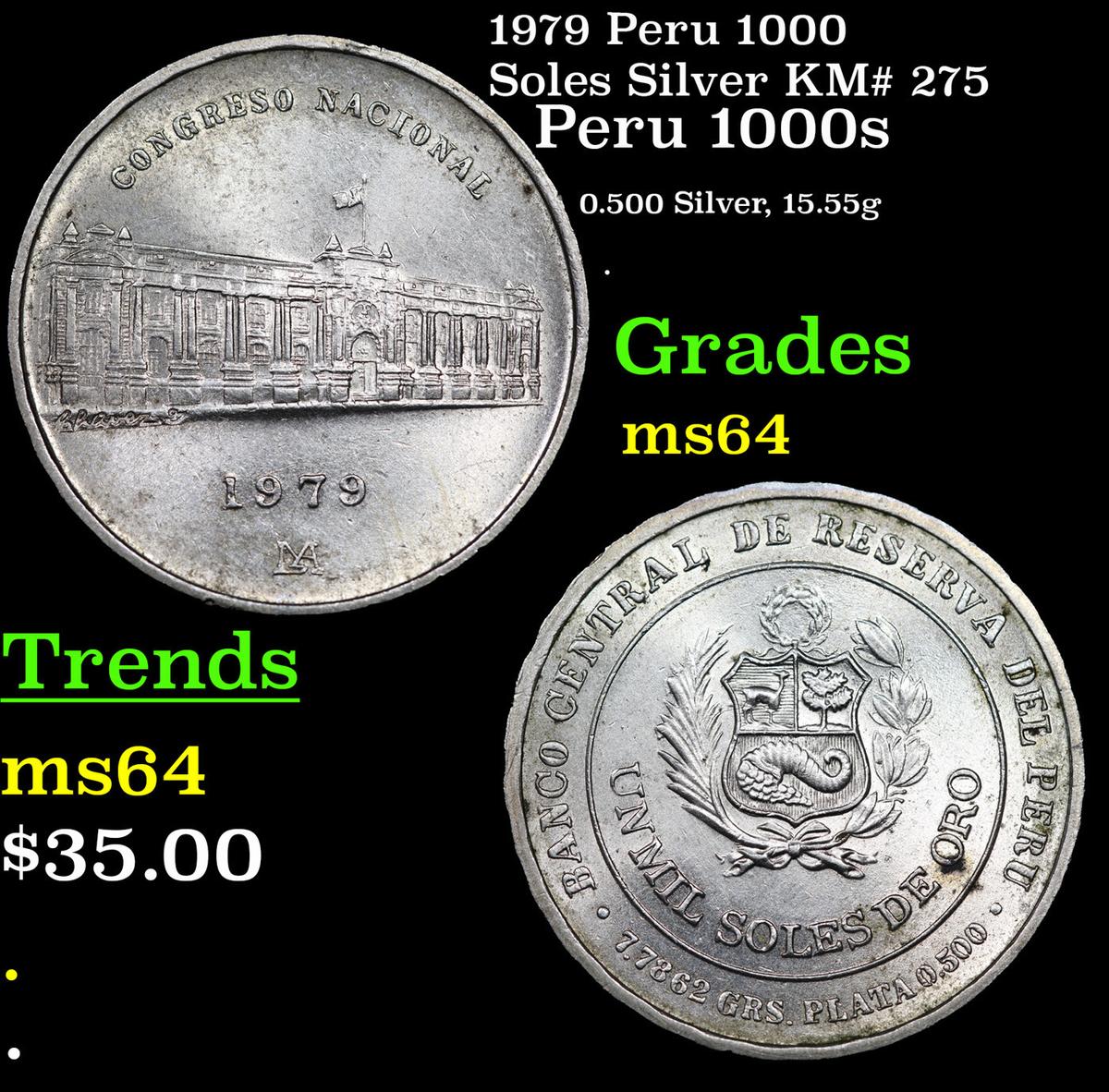 1979 Peru 1000 Soles Silver KM# 275 Grades Choice Unc