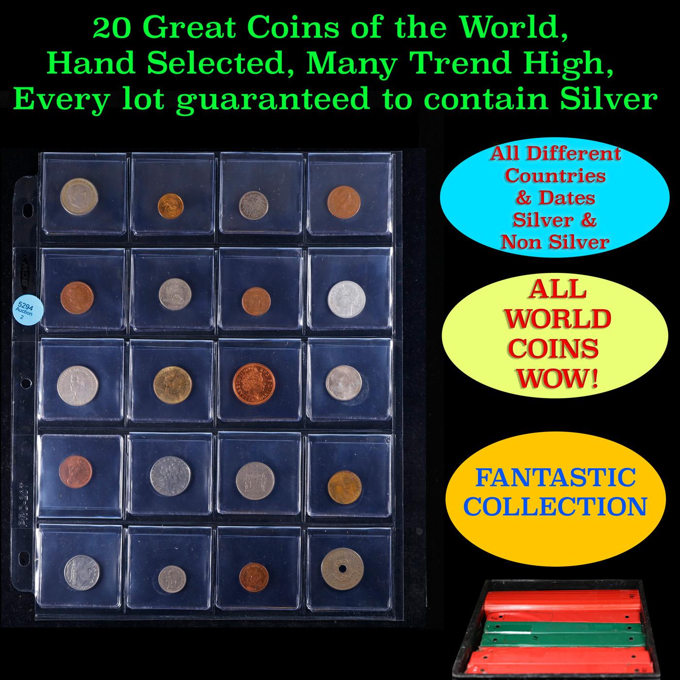 20 Great Coins of the World, hand selected, many trend high, every lot guaranteed to contain Silver.