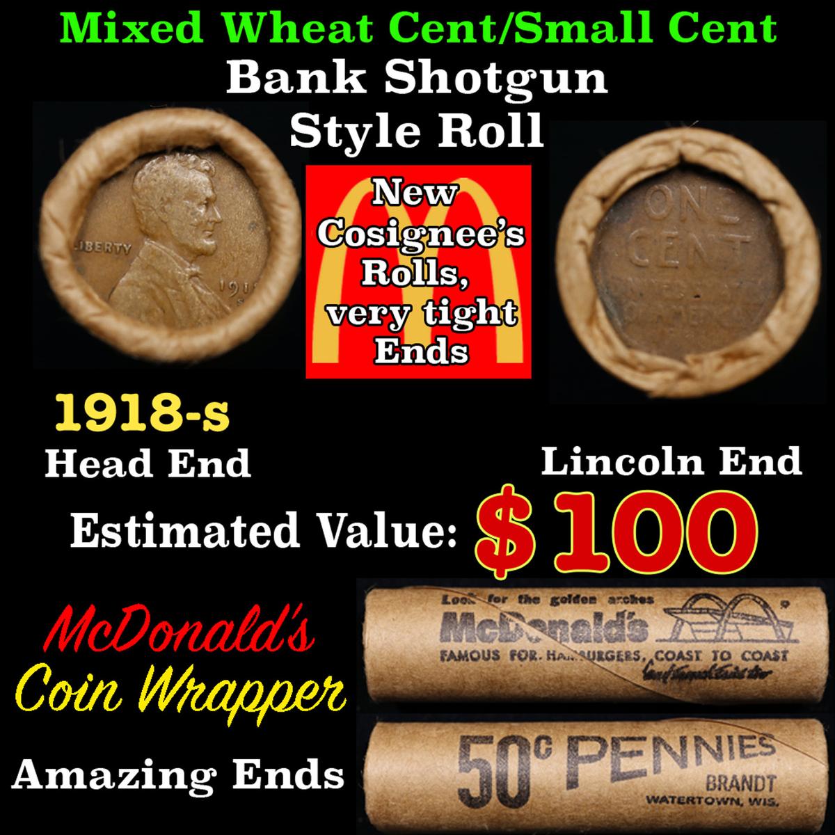 Lincoln Wheat Cent 1c Mixed Roll Orig Brandt McDonalds Wrapper, 1918-s end, Wheat other end