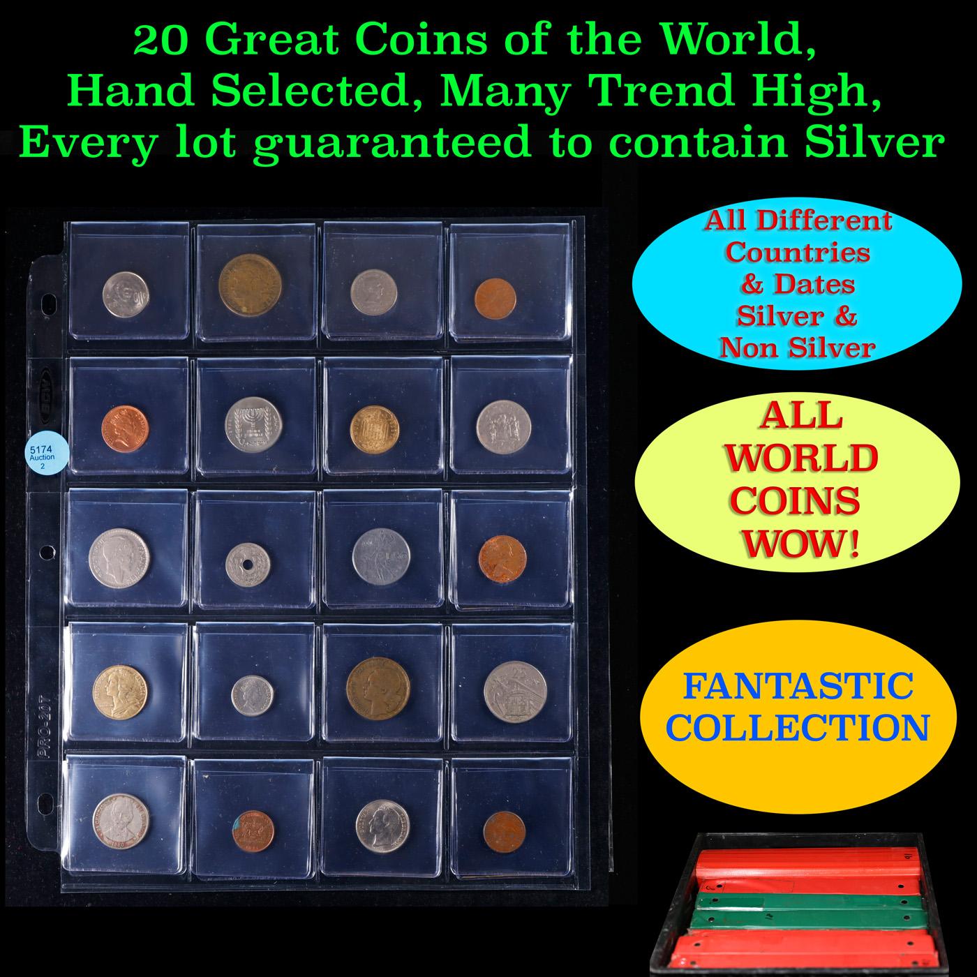 20 Great Coins of the World, hand selected, many trend high, every lot guaranteed to contain Silver.