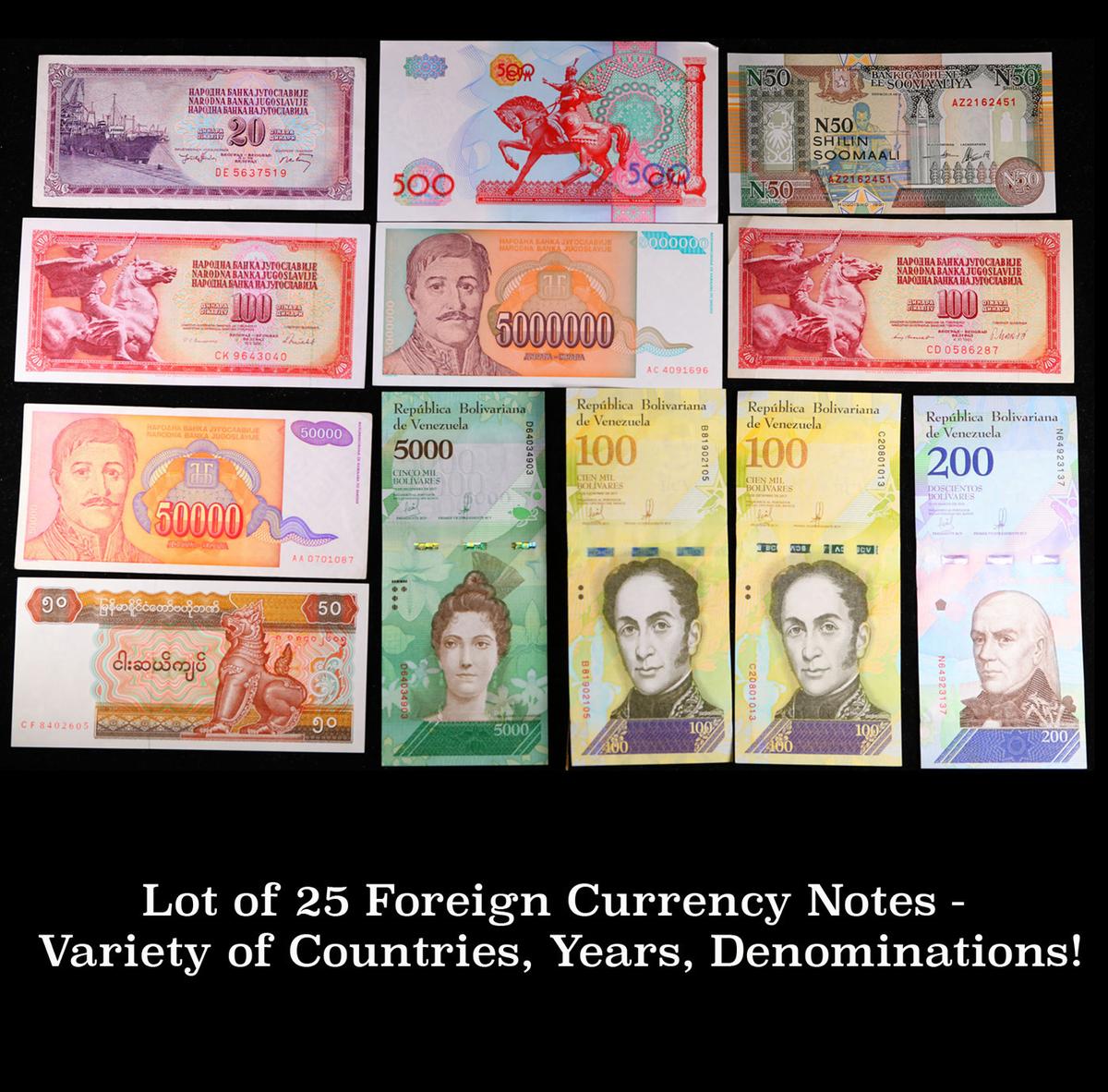 Lot of 25 Foreign Currency Notes - Variety of Countries, Years, Denominations!