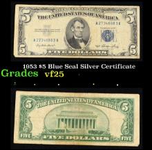 1953 $5 Blue Seal Silver Certificate Grades vf+