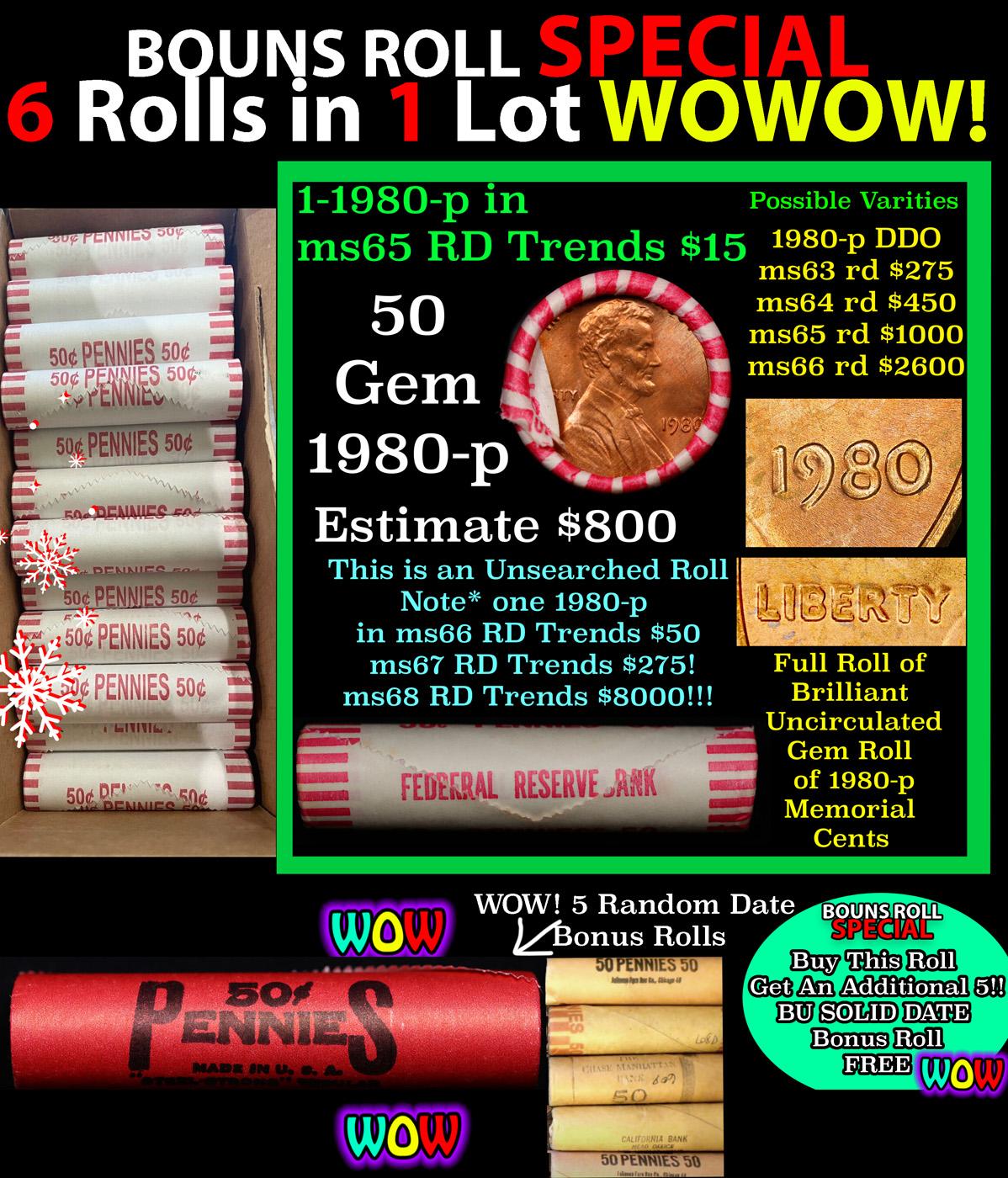 THIS AUCTION ONLY! BU Shotgun Lincoln 1c roll, 1980-p 50 pcs Plus FIVE bonus random date BU roll! Ba