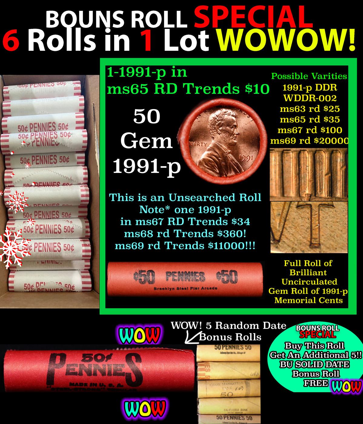 THIS AUCTION ONLY! BU Shotgun Lincoln 1c roll, 1991-p 50 pcs Plus FIVE bonus random date BU roll! Ba