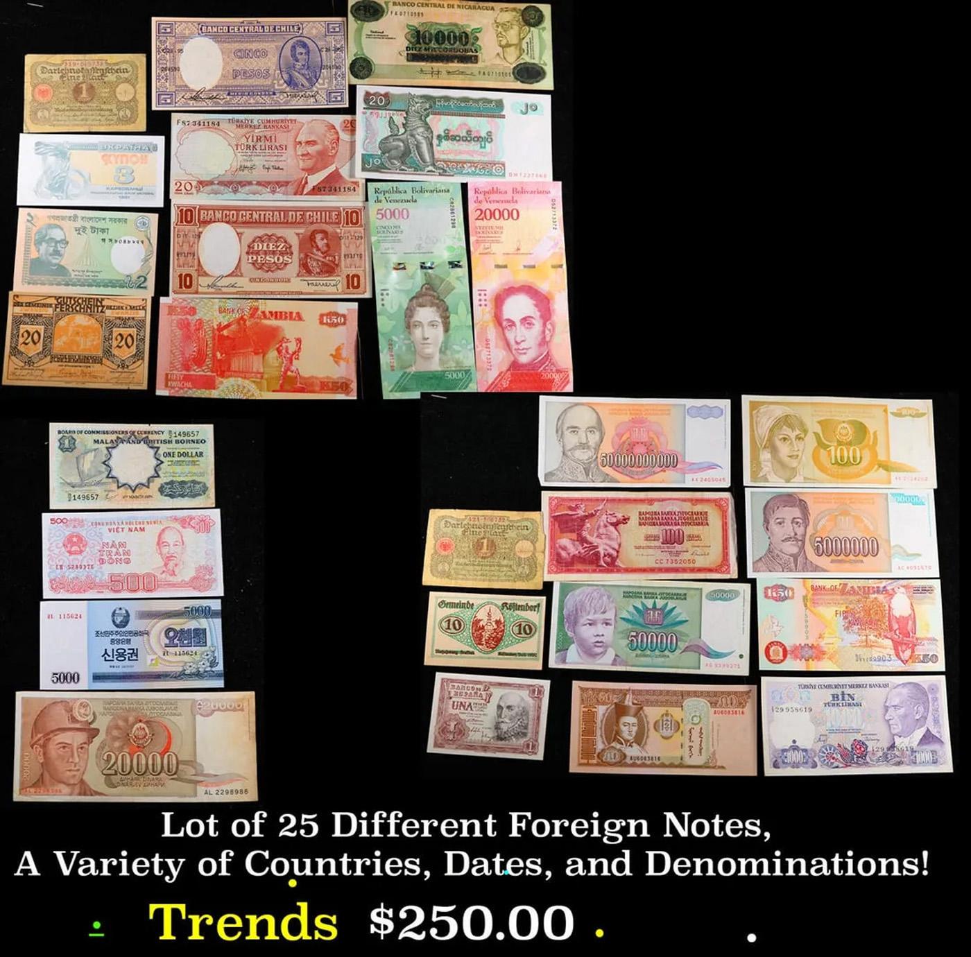 Lot of 25 Foreign Currency Notes, Various Countries, Years, Denominations! Grades