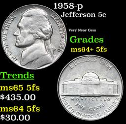 1958-p Jefferson Nickel 5c Grades Choice Unc+ 5fs