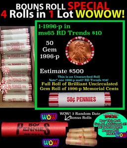 THIS AUCTION ONLY! BU Shotgun Lincoln 1c roll, 1996-p 50 pcs Plus THREE bonus random date BU roll! B