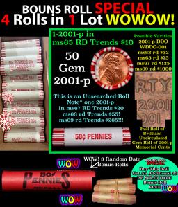 THIS AUCTION ONLY! BU Shotgun Lincoln 1c roll, 2001-p 50 pcs Plus THREE bonus random date BU roll! B