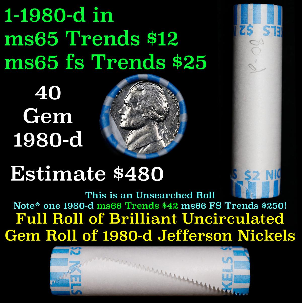 BU Shotgun Jefferson 5c roll, 1980-d 40 pcs Bank $2 Nickel Wrapper