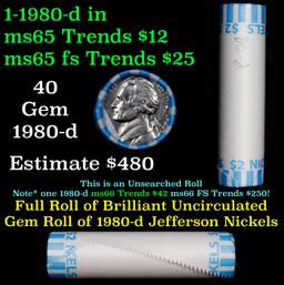BU Shotgun Jefferson 5c roll, 1980-d 40 pcs Bank $2 Nickel Wrapper