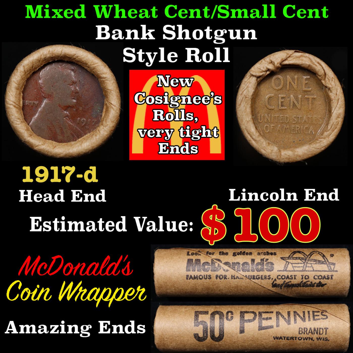 Lincoln Wheat Cent 1c Mixed Roll Orig Brandt McDonalds Wrapper, 1917-d end, Wheat other end