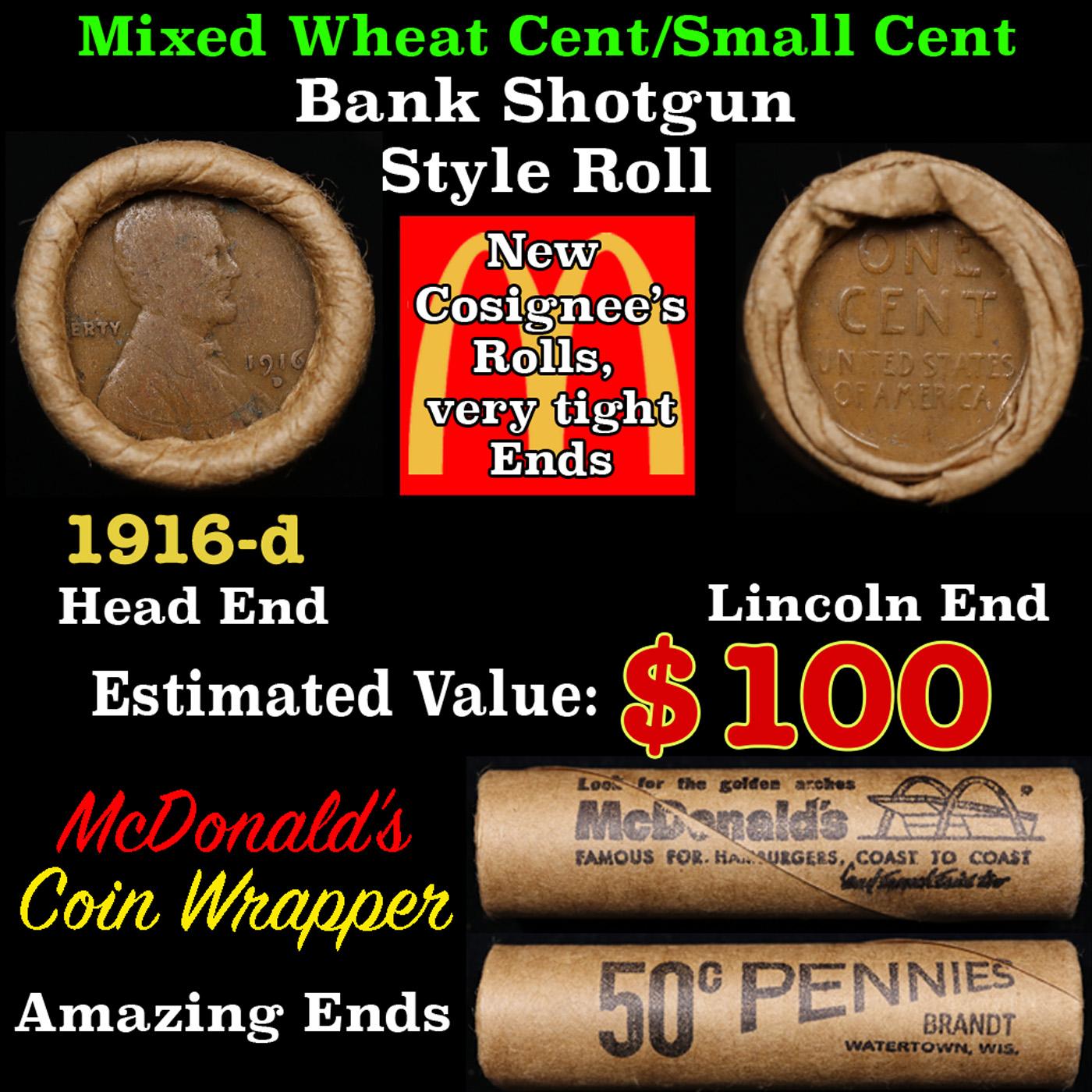 Lincoln Wheat Cent 1c Mixed Roll Orig Brandt McDonalds Wrapper, 1916-d end, Wheat other end