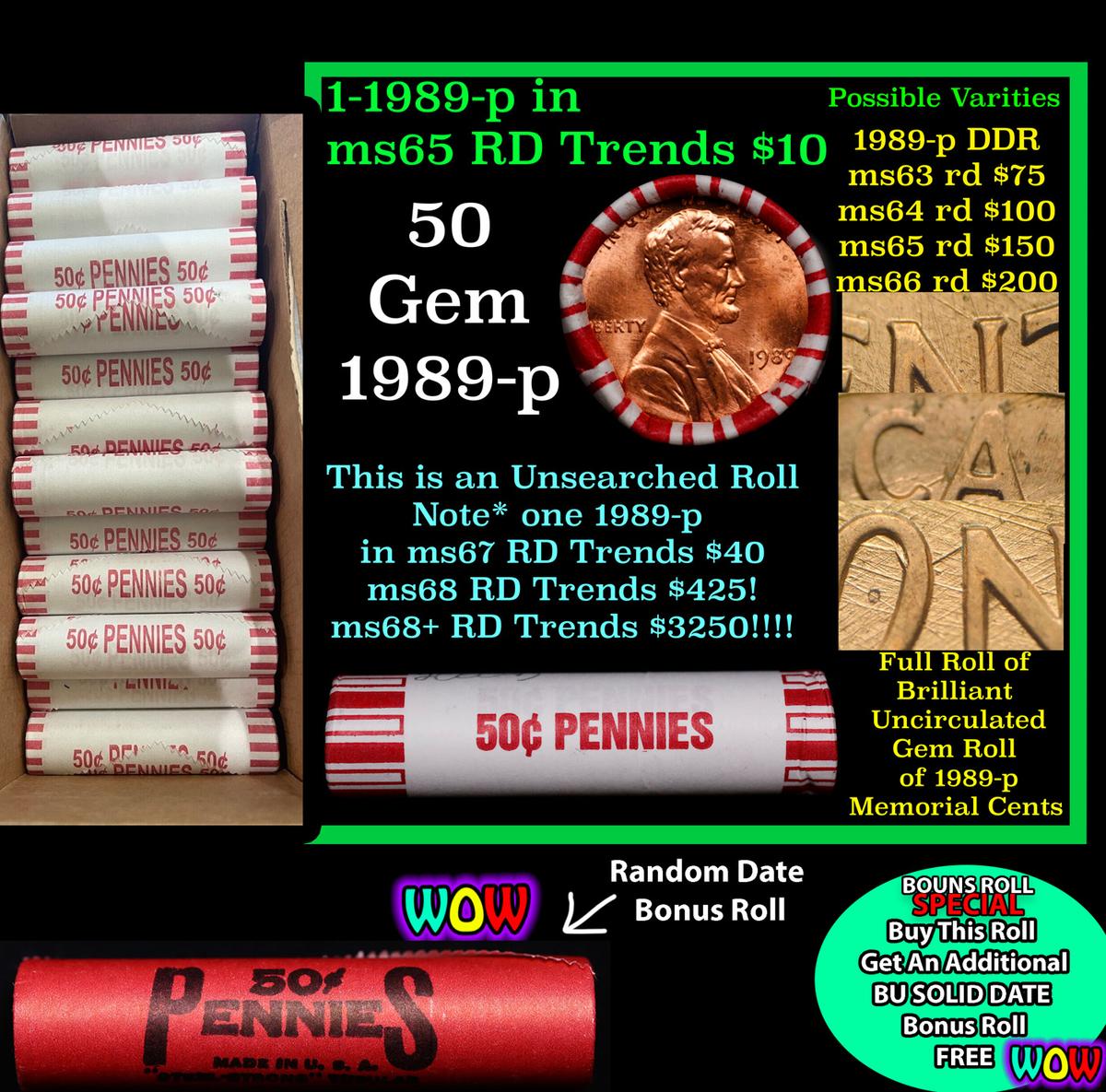 THIS AUCTION ONLY! BU Shotgun Lincoln 1c roll, 1989-p 50 pcs Plus one bonus random date BU roll! Ban