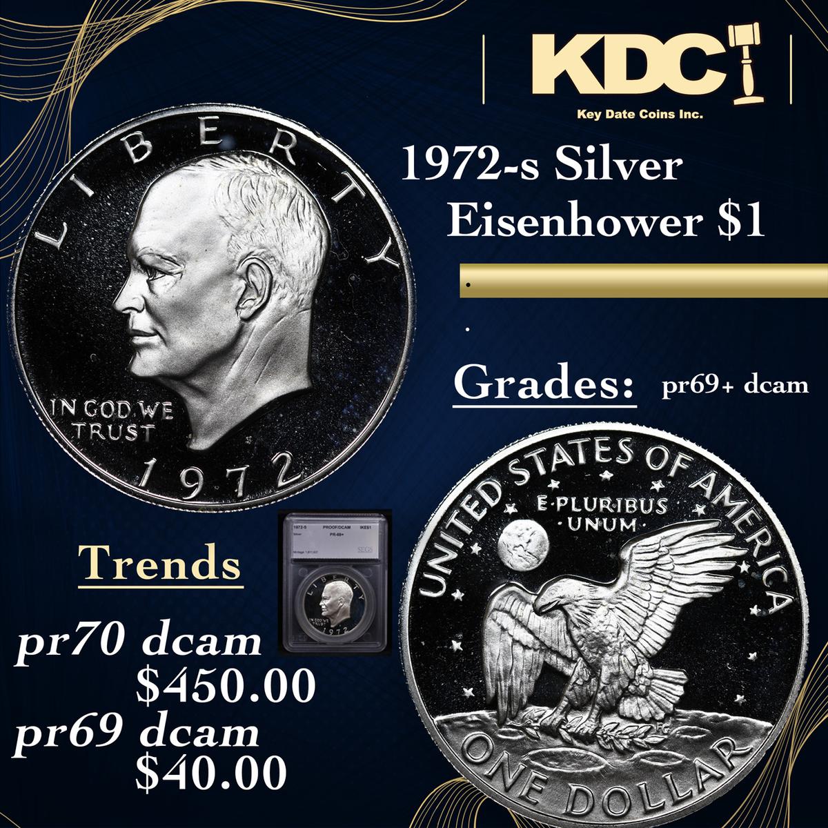 Proof 1972-s Silver Eisenhower Dollar $1 Graded pr69+ dcam By SEGS