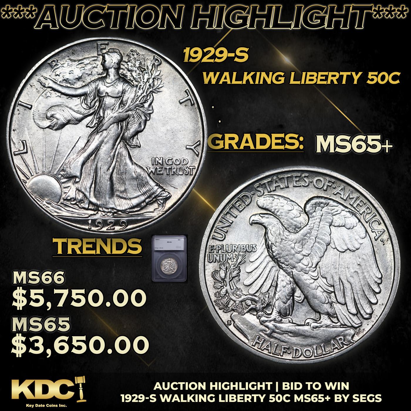 ***Auction Highlight*** 1929-s Walking Liberty Half Dollar 50c Graded ms65+ By SEGS (fc)