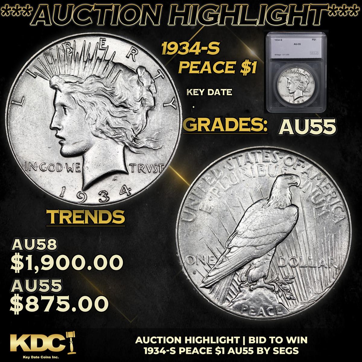 ***Auction Highlight*** 1934-s Peace Dollar 1 Graded au55 By SEGS (fc)