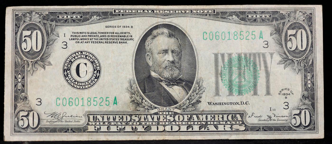 1934B $50 Green Seal Federal Reserve Note Mule Note Grades vf++