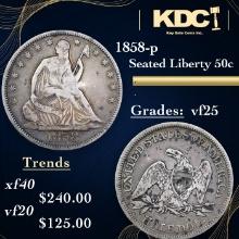 1858-p Seated Half Dollar 50c Grades vf+