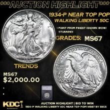 ***Auction Highlight*** 1934-p Walking Liberty Half Dollar Near Top Pop! 50c Graded ms67 By SEGS (fc