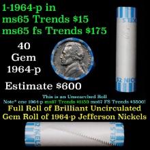 BU Shotgun Jefferson 5c roll, 1964-p 40 pcs Bank $2 Nickel Wrapper