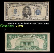 1934A $5 Blue Seal Silver Certificate Grades vf, very fine