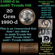BU Shotgun Kennedy 50c roll, 1990-d 20 pcs Federal Reserve Bank of Minneapolis Wrapper $10