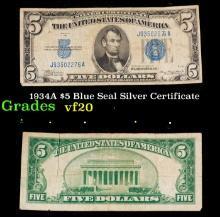 1934A $5 Blue Seal Silver Certificate Grades vf, very fine