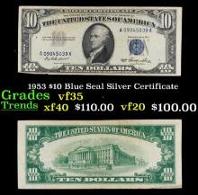 1953 $10 Blue Seal Silver Certificate Grades vf++